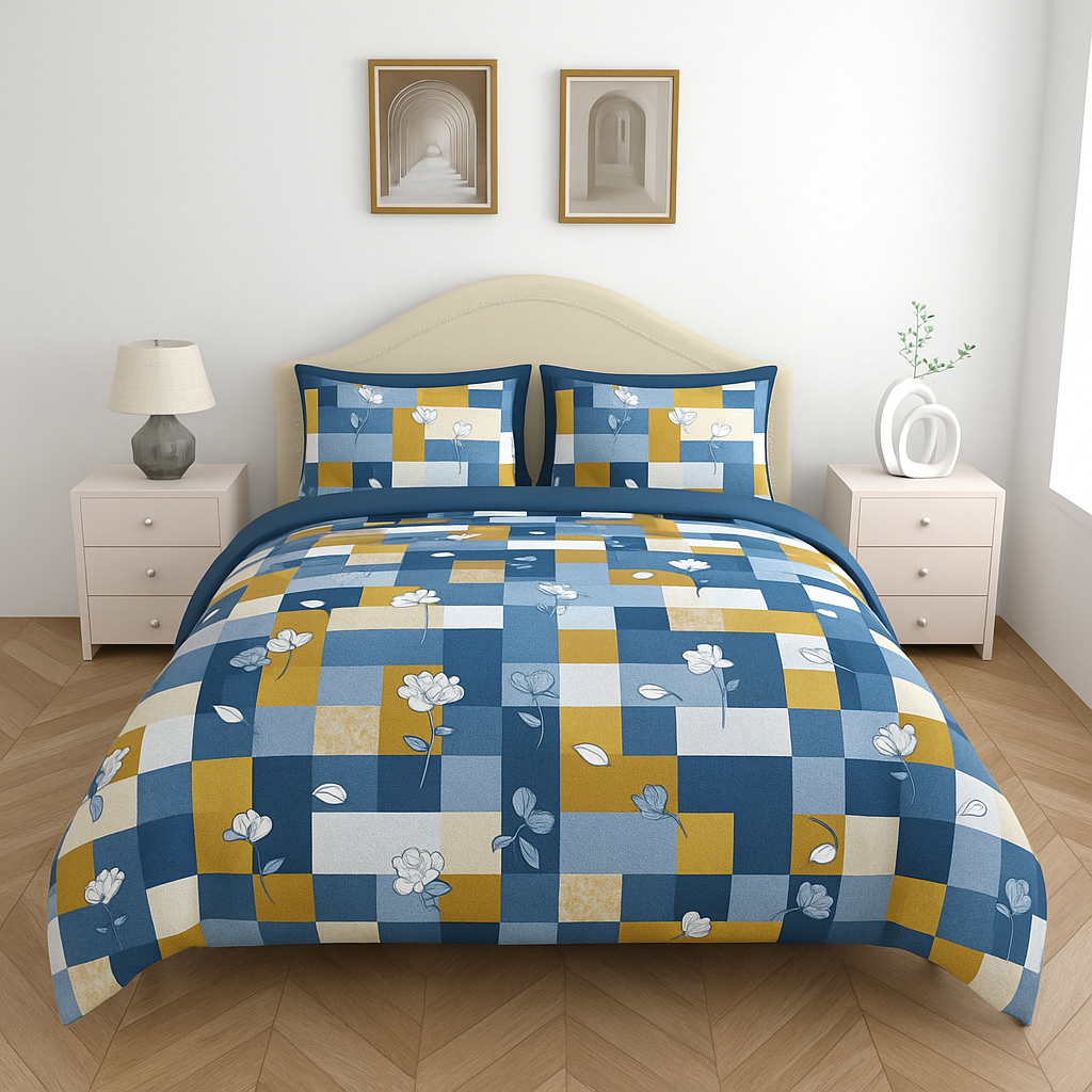 Premium 100% Cotton Double Bed Bedsheet with 2 Pillow Covers – 144 TC | King Size 2.75m x 2.75m