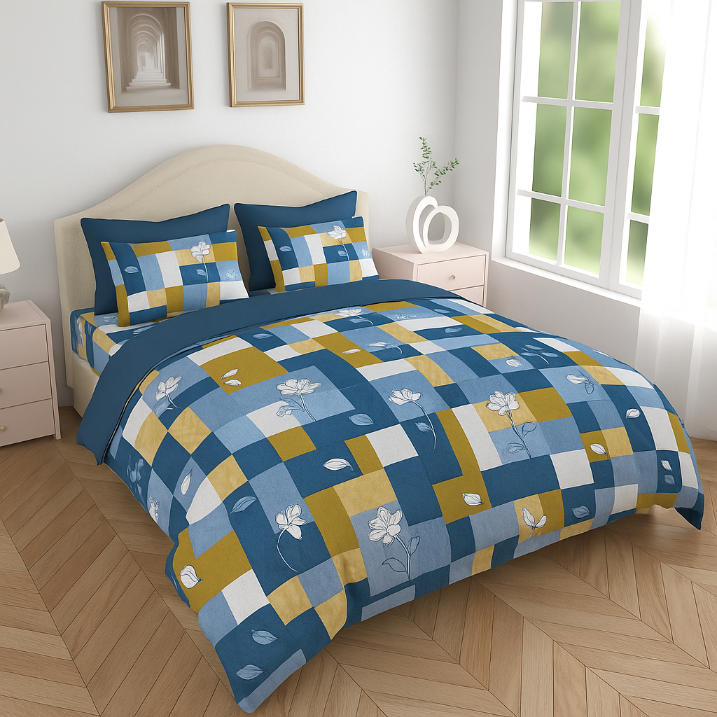 Premium 100% Cotton Double Bed Bedsheet with 2 Pillow Covers – 144 TC | King Size 2.75m x 2.75m