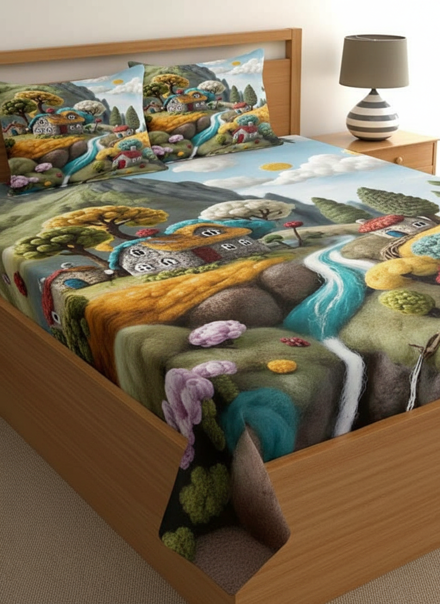 7D Ultra HD Printed Microfiber Bedsheet Set with 2 Pillow Covers