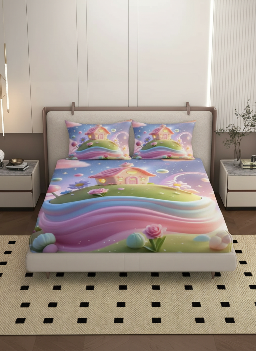 7D Ultra HD Printed Microfiber Bedsheet Set with 2 Pillow Covers