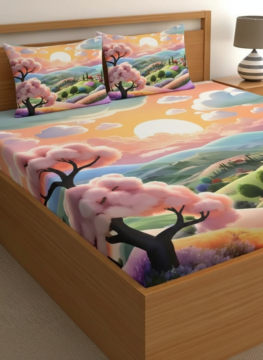 7D Ultra HD Printed Microfiber Bedsheet Set with 2 Pillow Covers